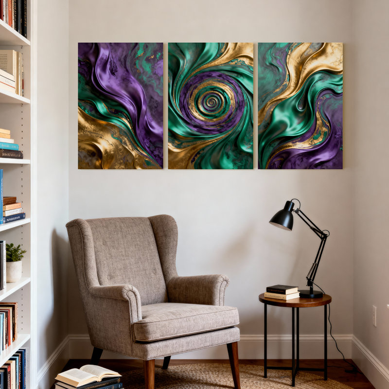 Abstrait, mauve, vert, or, tourbillon d'or, ensemble de 3 reproductions d'art sur toile, H 18 po x l 36 po