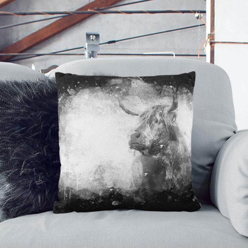 Highland Cow Paint Splash Cushion with Filling, 40cm H x 40cm W x 15cm D, White