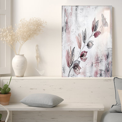 Toile rose, cosses roses et papillon Luna sur fond gris texturé