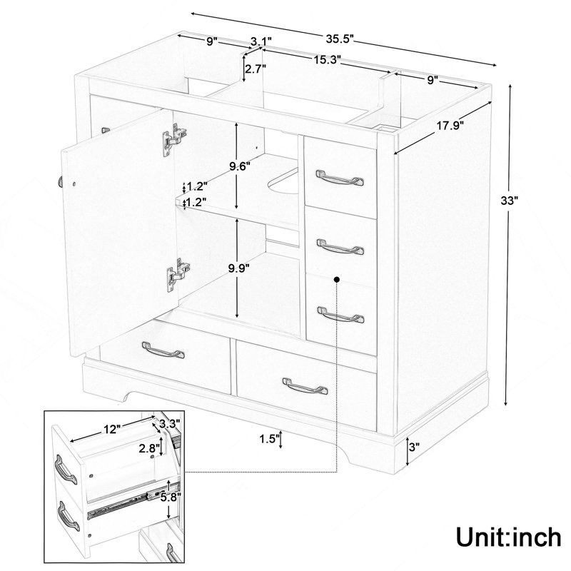 Meuble-lavabo de salle de bain sans lavabo, base d'armoire seulement, six tiroirs, séparateur de tiroir, tablette réglable