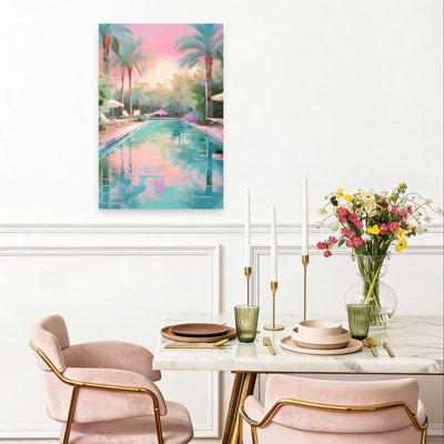 Tableau d'art mural représentant une piscine de villégiature de rêve, un coucher de soleil d'été serein et paisible sous un palmier