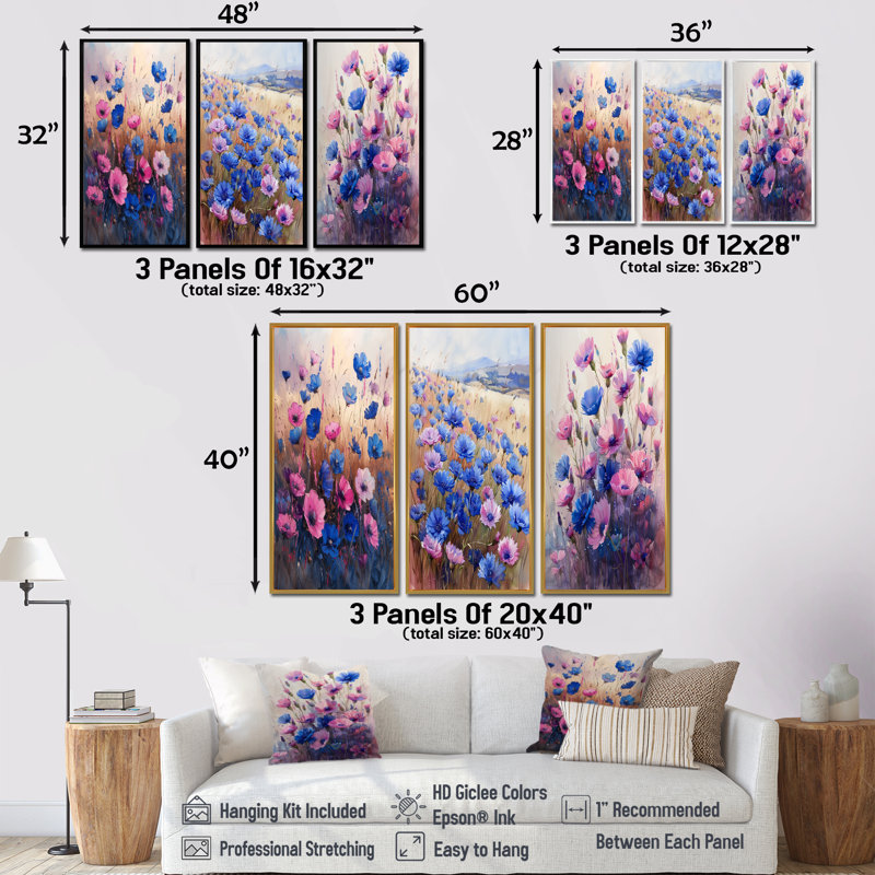 Bleu bleu printemps, champ de bleuets, collection d'art mural traditionnel, H 28 po x l 36 po, Impression encadrée flottante