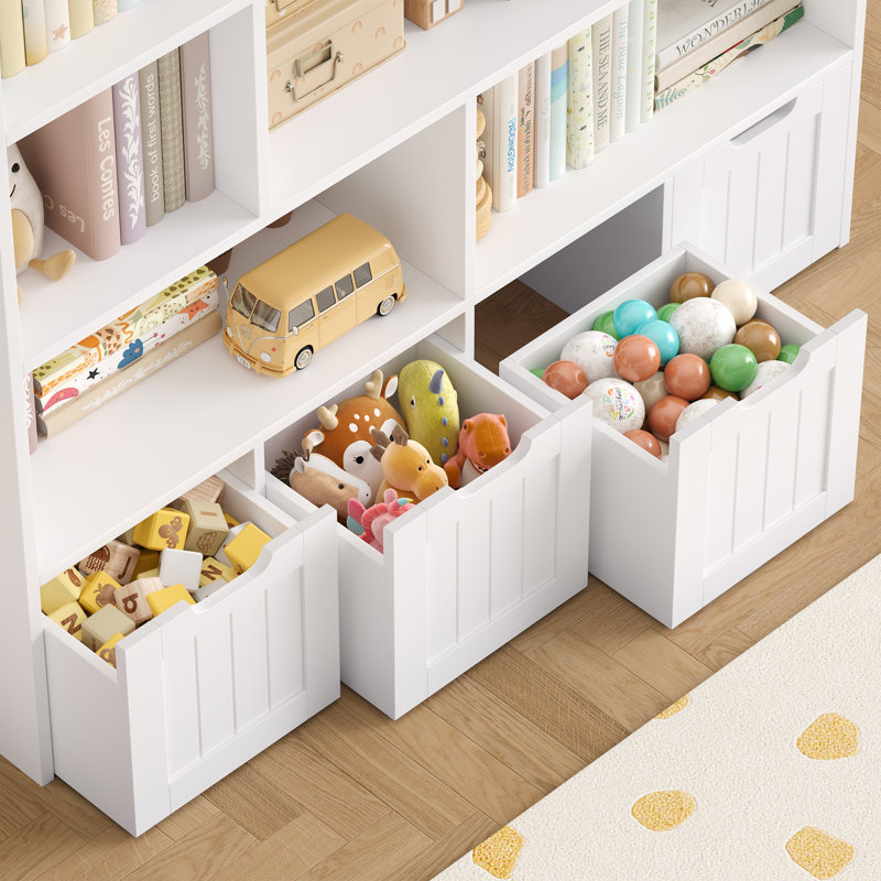 Kirklyn 49.4″ 7-Cube Standard Bookcase with 4 Drawers, Wood Storage Bookshelf in Mid-Century Modern, White, White