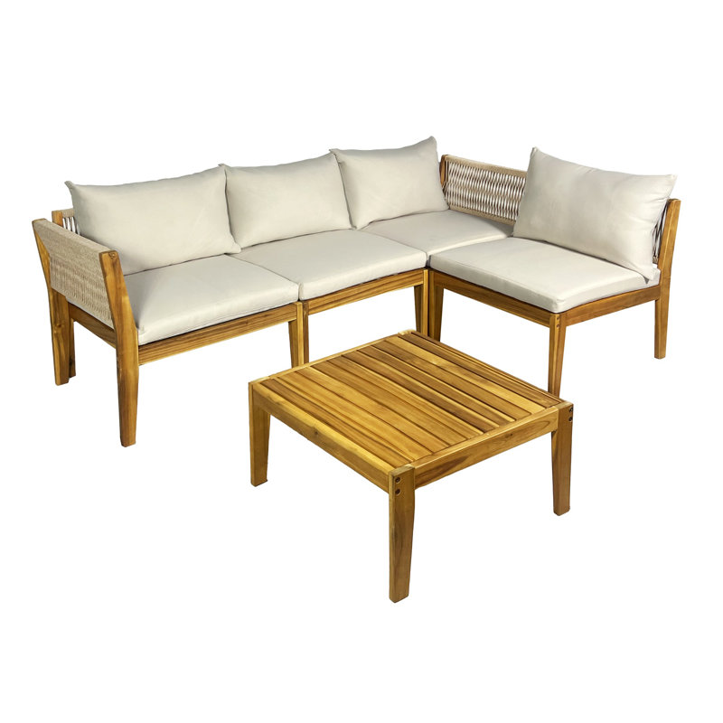 Ensemble de conversation d'extérieur 4 pièces en bois d'acacia avec coussins blancs 4 pièces 
