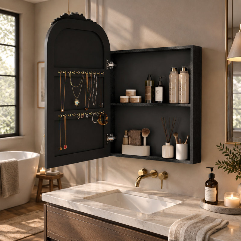 Armoire à pharmacie murale vintage Arch avec miroir et rangement, 40 x 63 cm, plateau sculpté et étagère réglable, noir antique