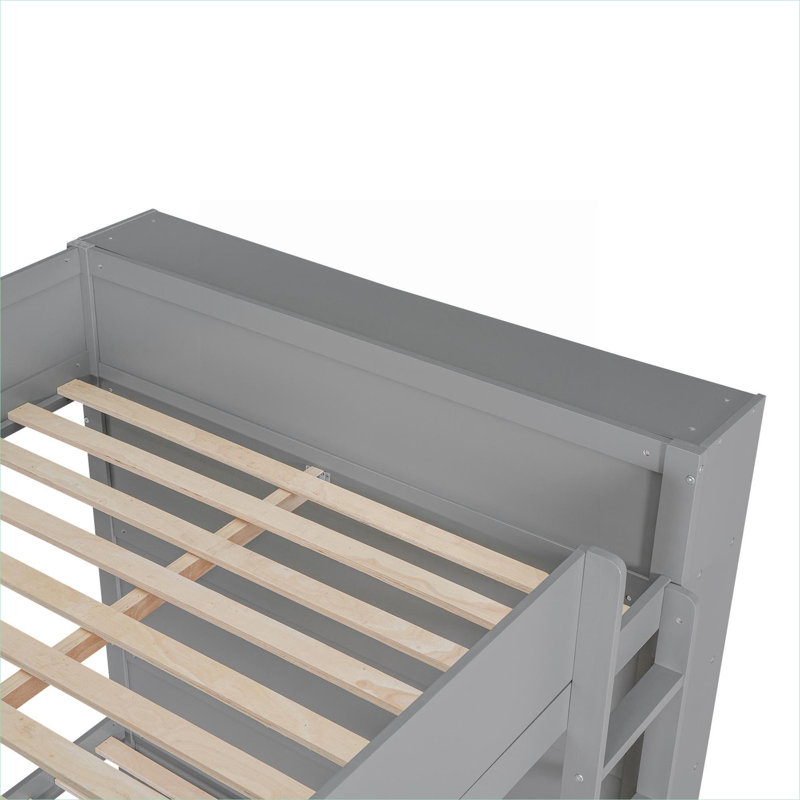 Full-over-Full sized platform bunk bed with integrated storage, solid wood construction, slate gray