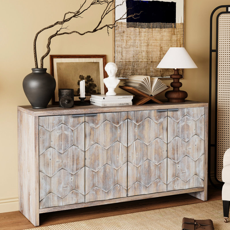 Buffet à 4 portes avec rangement en bois. Bois naturel naturel délavé, bureau de salle à manger élégant, Bois naturel délavé