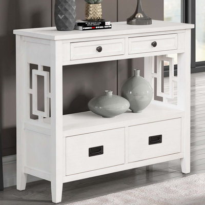 Console en bois de pin avec 4 tiroirs et tablette de rangement Farmhouse