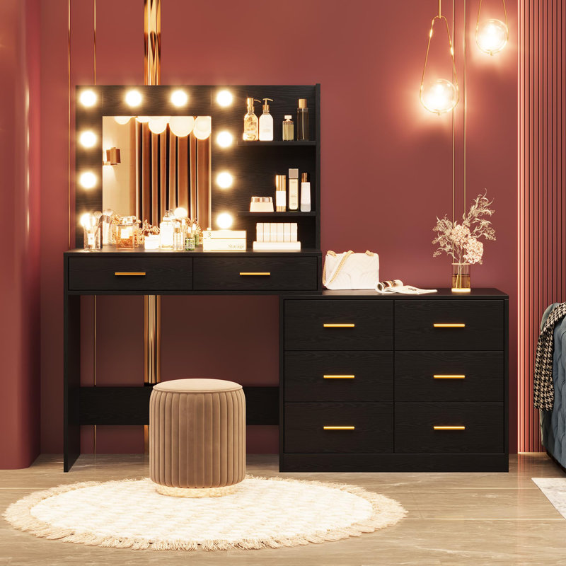 Meuble-lavabo 61 "avec miroir et lumières, 3 modes d'éclairage avec rangement réglable, Noir