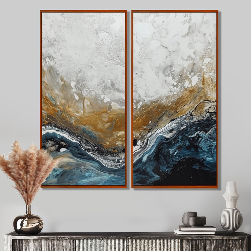 Gris et or moderne abstrait contemporain II - art mural abstrait en marbre 2 pièces, 32'' H x 32'' W, Brown