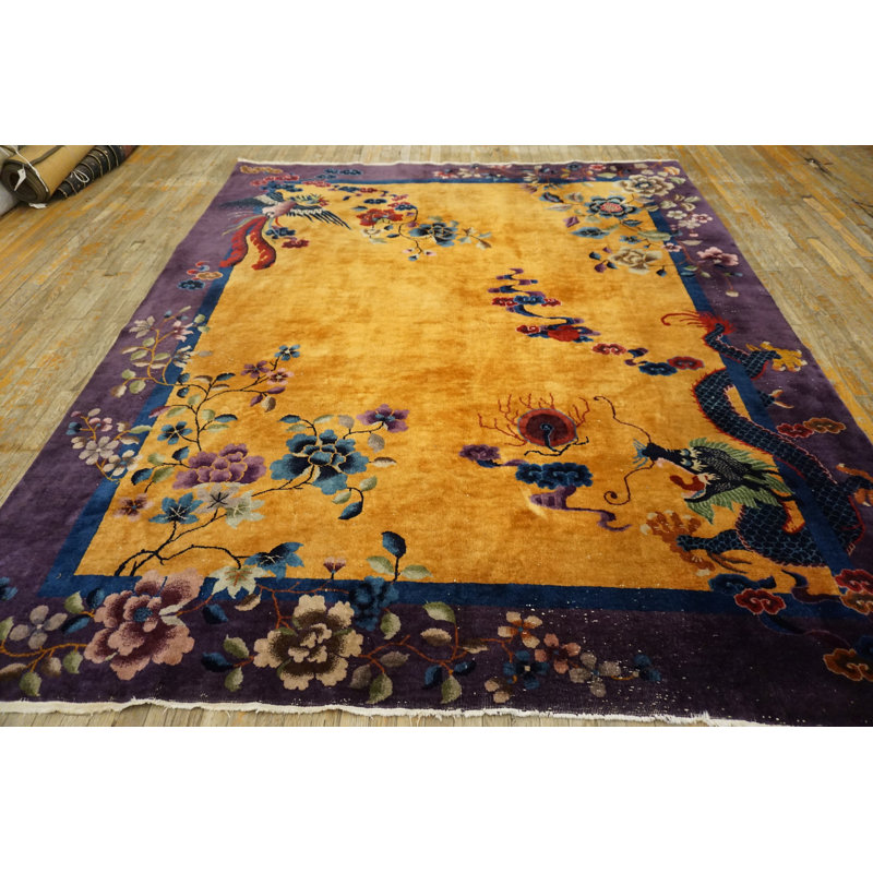 Yellow / Gold Orange Floral 1920s Hand Knotted Pile Wool Antique Rectangle Rug