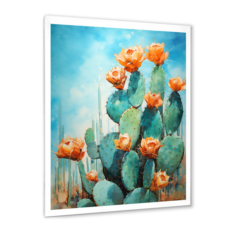 Cactus bleu et bronze brossé I - impressions sur toile de cactus, H 40 po x l 30 po x P 1,5 po, Cadre photo blanc