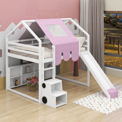 Lit mezzanine double en bois avec structure en forme de maison avec tente