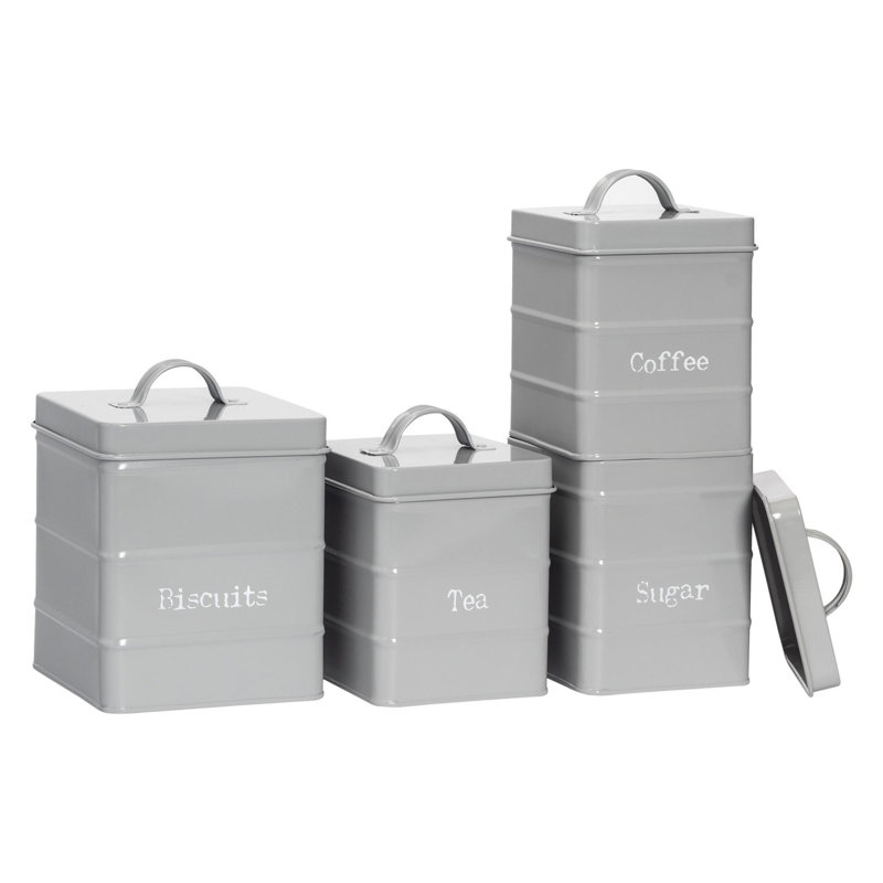 Harbour Housewares - 4 Piece Vintage Metal Kitchen Canisters Set, Grey