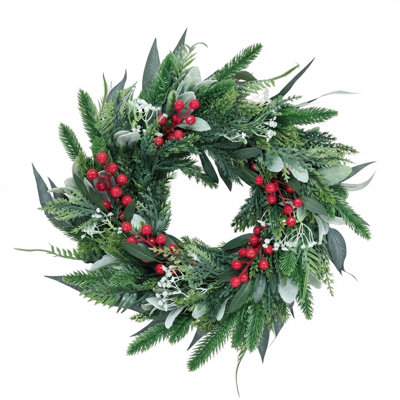 Couronne de Noël artificielle de 50 cm (19,69 po) avec oreilles d'agneau et cèdre, fausse couronne d'hiver suspendue avec baies rouges pour la décoration de porte d'entrée, style champêtre, pour les fêtes de fin d'année.