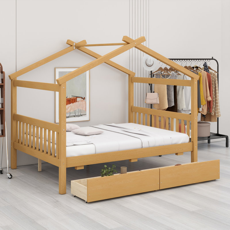 Lit en bois avec tiroirs, Double, Naturel
