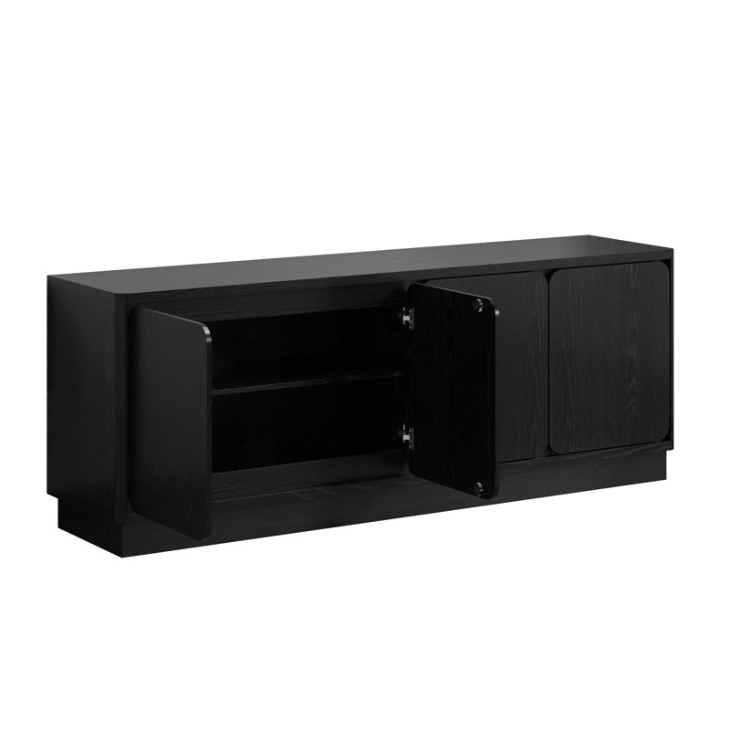 Meuble télé noir 63 po avec 4 portes de rangement, meuble télé avec panneau de particules en bois et trous pour câbles, meuble télé moderne à profil bas