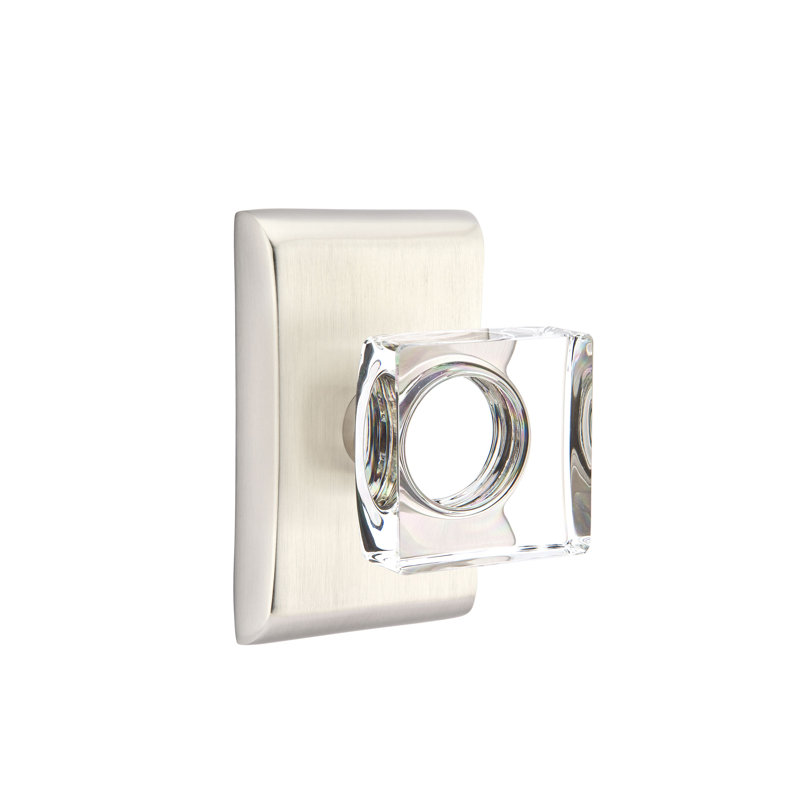 Ensemble de faux boutons Emtek avec rosette Neos et bouton carré en verre moderne, Nickel satiné