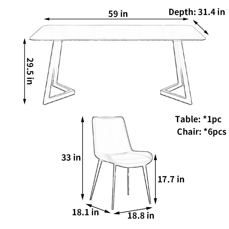 Table et chaises de style rétro, H 29,5 po x L 59 po x l 31,4 po