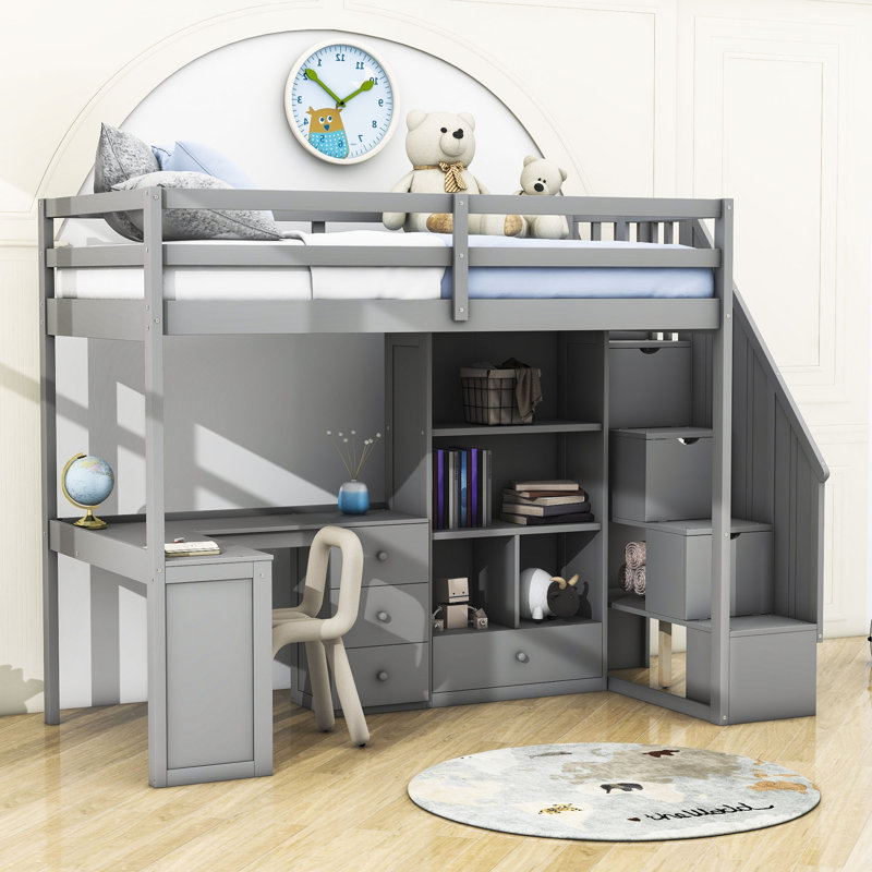 Haken Kids Twin Loft Bed with Drawers, Gray