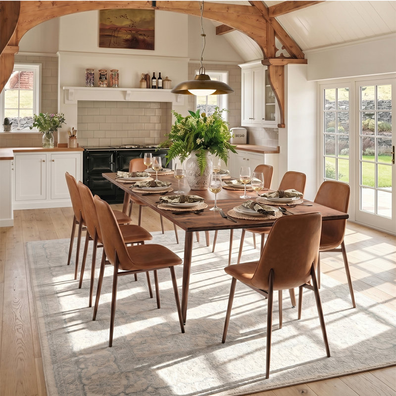Extendable Rectangular Dining Table Set For 8 With Faux Leather Chairs, Brown