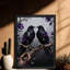 Reproduction d'art encadrée noire rétro avec deux corbeaux et fleurs mauves-523747494