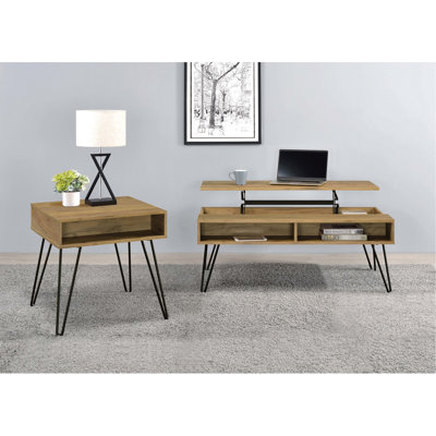 Table basse rectangulaire à plateau relevable en chêne doré et noir, avec compartiments de rangement cachés, fabrication en stratifié de bois d'ingénierie, couleur chaude, pieds industriels noirs pour les environnements de vie
