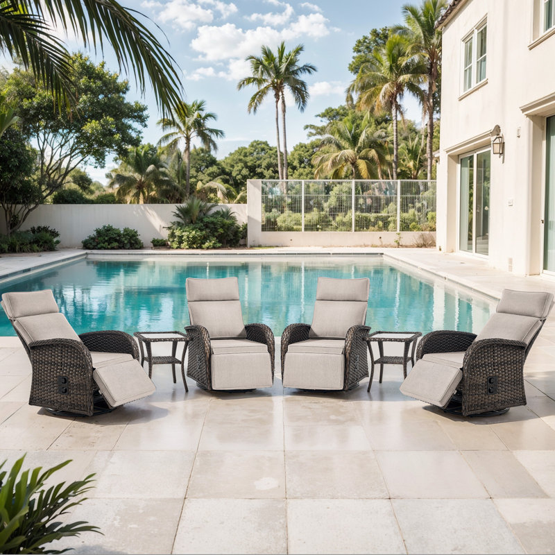 Arcturus Patio Recliner Swivel Chair With Adjustable Backrest & Footrest, All-Weather Outdoor Chaise Lounge Chair Set Of 4 With 2 Side Table