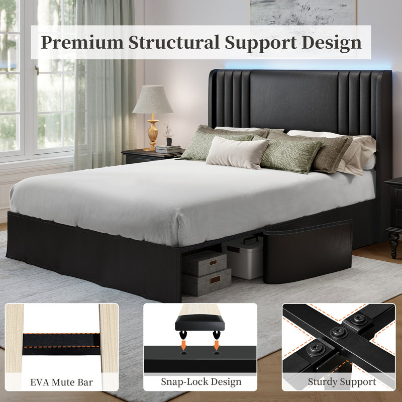 Upholstered Bed, Double(4'6), Black, PU