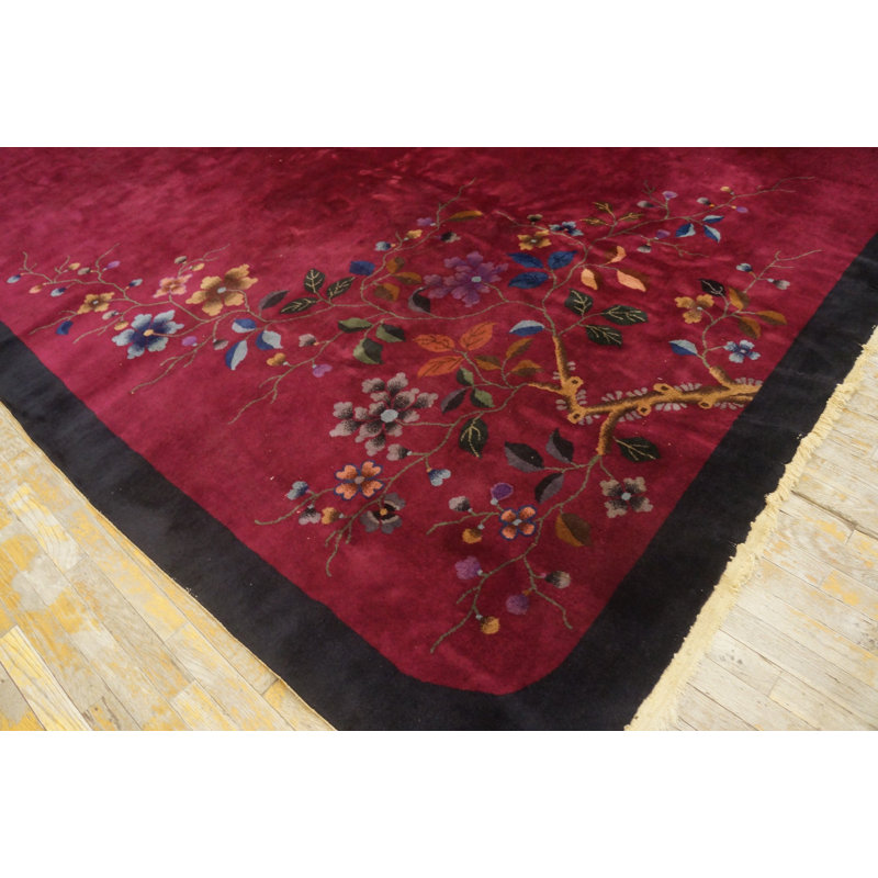 Solid Open Deep Red Maroon Color Field Antique Chinese Art Deco Rug