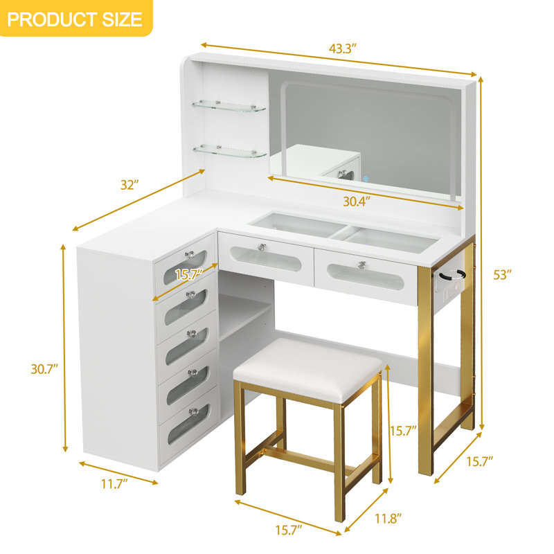 Vanity Desk with Mirror and Lights, 43" Big Modern Vanity Desk, Transparent Top Vanity with 2 RGB Drawers, with Power Outlet & Stool, Modern Ample Storage Dressing Table