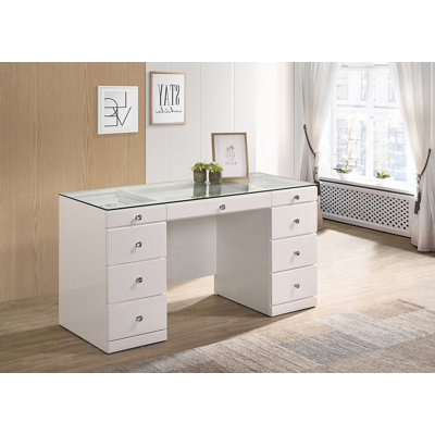 1Pc Glass Top Glam Makeup Vanity Table With 9 Drawers