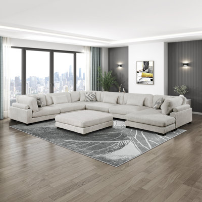 Hulett 135" Modern Modular Sectional with Microfiber Fabric, Included Ottoman & 9 Pillows