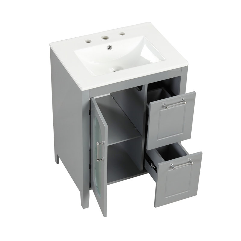 Meuble-lavabo avec lavabo, armoire de salle de bain avec tiroirs, porte et tablette réglable, Gris