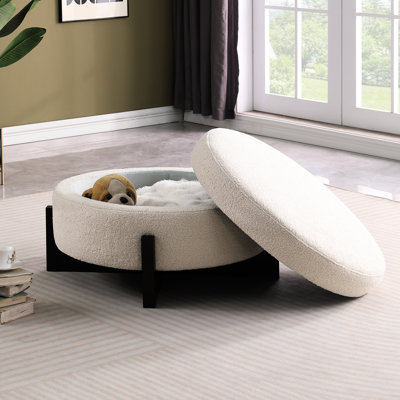 Rond élégant avec rangement, pieds rabattables en chêne, beige, design américain, rembourrage beige en fibre de carbone, siège à assise souple moyen, matériau principal