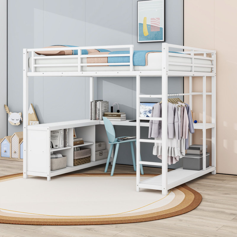 Lit mezzanine en métal avec bureau, garde-robe et tablettes de rangement, Grand lit, Blanc