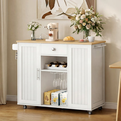 Kitchen Island Cart with Power Outlet, Rolling Storage Cart with Wine Rack, Tilt-Out Trash Cabinet, Adjustable Shelf, for Kitchen, Laundry Room, Dinin by Ophelia & Co.
