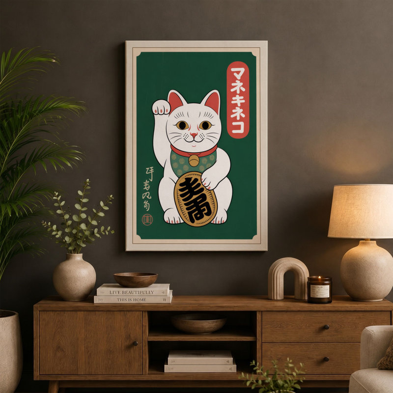 Lucky Cat Japandi - Wrapped Canvas, 18x12 - 45.7 x 30.5 cm, Taupe Border