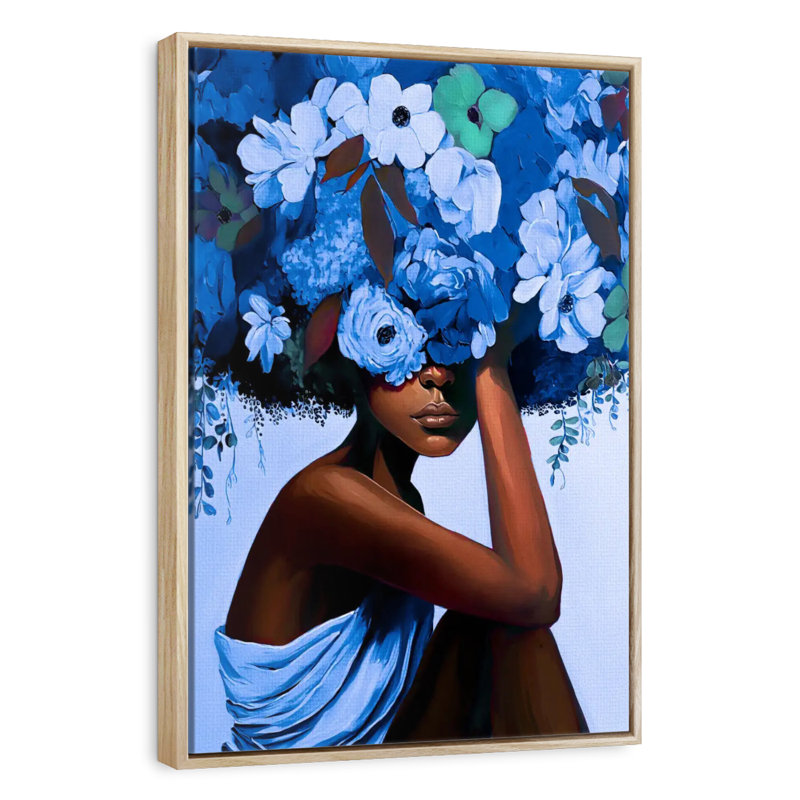 Fille aux cheveux bleus, Cadre flottant en bois naturel, 13 po x 19 po