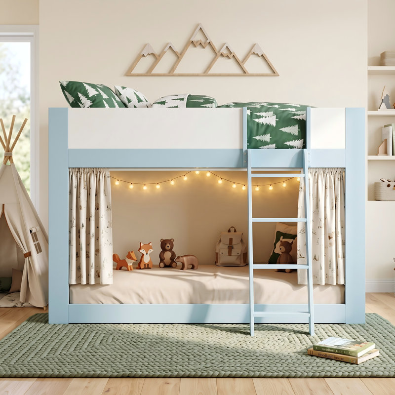 Lit superposé bas avec échelle réversible, lit superposé convertible en bois massif avec garde-corps de sécurité pour plafonds bas