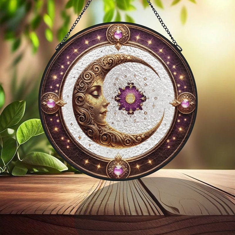 Panneau de vitrail lune pour fenêtre, 6,3 x 6,3 po (16 x 16 cm)