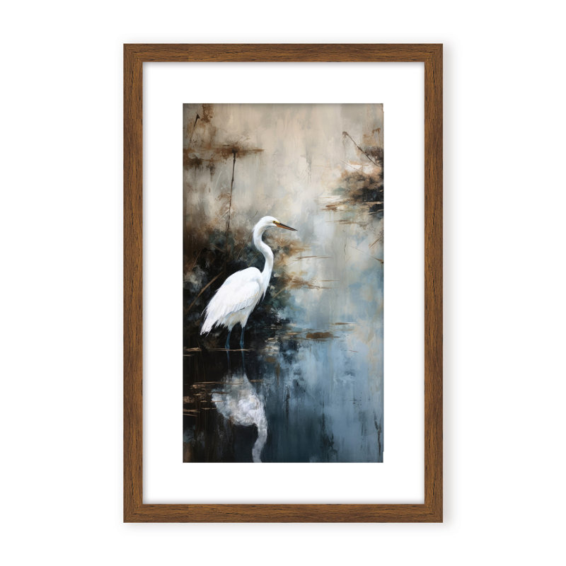 Nature Inspired Egret In Lake, Black, Framed Matted Print, 48" H x 36" W x 1.125" D