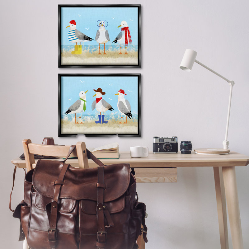 «Stupell Industries Stylish Seagulls at Beach», ensemble de 2 toiles flottantes encadrées par Victoria Barnes