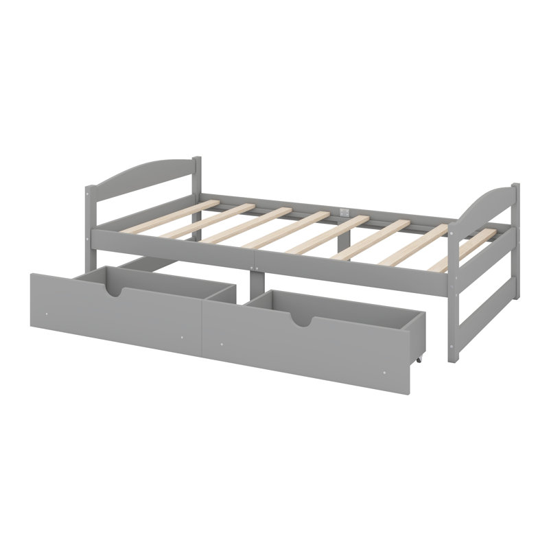 Structure de lit plateforme simple avec 2 tiroirs de rangement, sommier avec support en lattes de bois, tête de lit basse / pied de lit / rangement sous le lit / pas de sommier nécessaire / taille simple gris