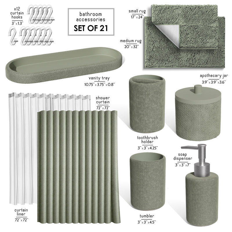 Ensemble d'accessoires de salle de bain 21 pièces avec rideau de douche, doublure, crochets et tapis en chenille Clara Clark