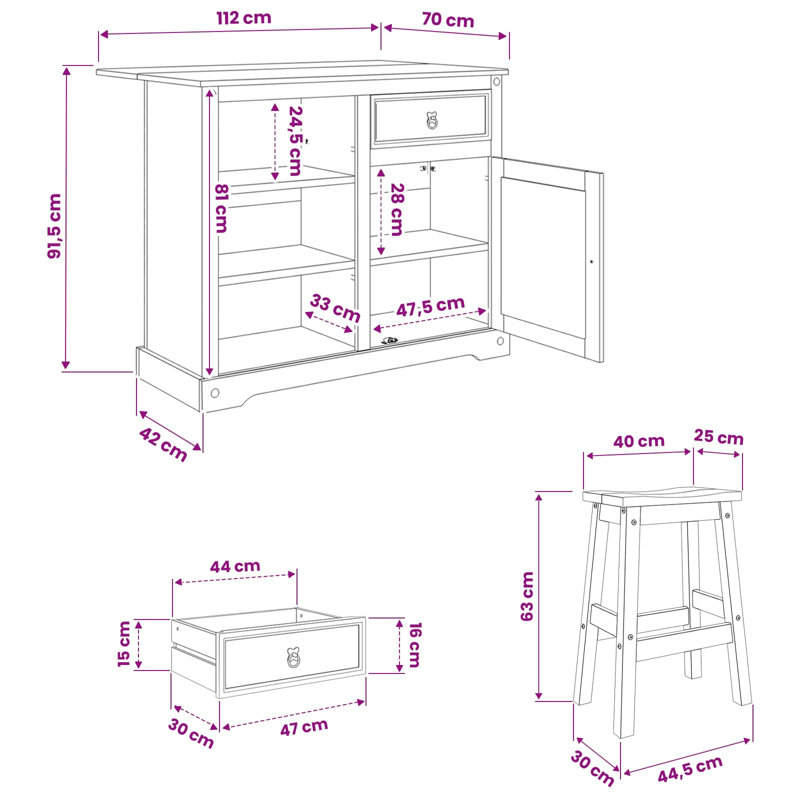 Solid Wood Kitchen Island Set, Honey Wax