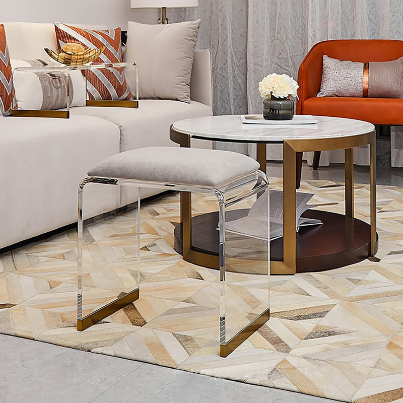 Tabouret de coiffeuse en velours avec pieds en acrylique transparent, gris, l 16 po