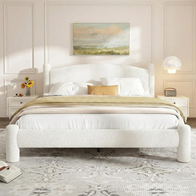 Boucle Upholstered Platform Cloud Bed with Round Headboard & Cylindrical Legs, Heavy Duty Noise-Free, No Box Spring Needed for Bedroom