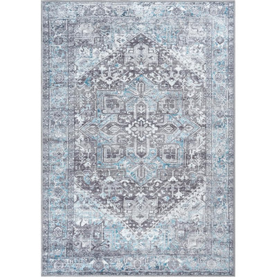 GLN Rugs Vintage Collection - Machine Washable Area Rug, Vintage Washable Rug, Non Slip Area Rug, Low Pile Living Room Rug, Bedroom Rug, Bathroom Rug - Easy Clean (Blue and Gray Area Rug)