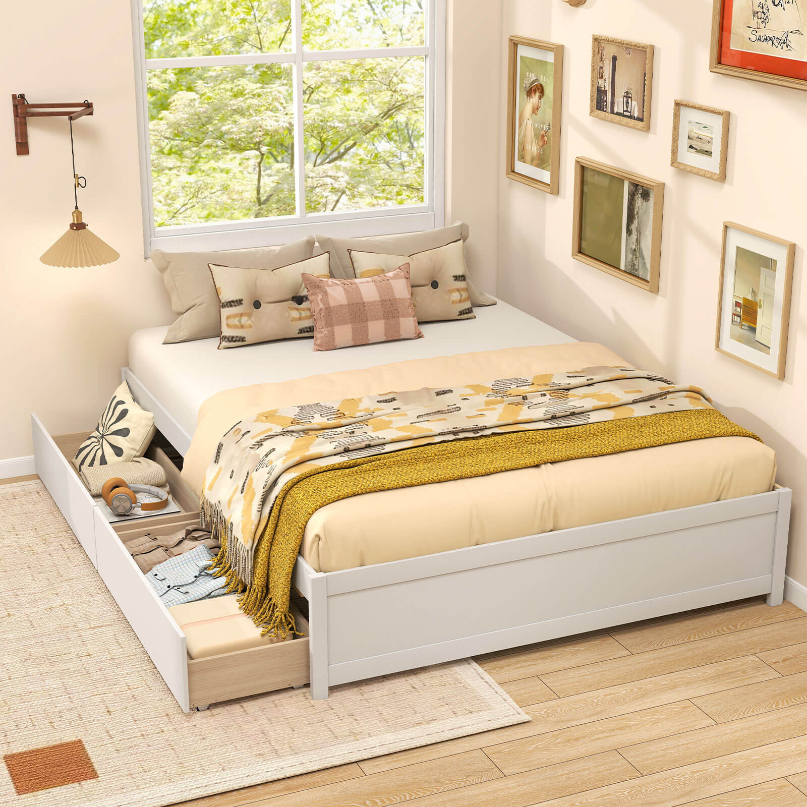 Latitude Run® Queen Size Wooden Bed Frame with Rolling Storage Drawers ...